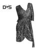Women Evening Dress V Neck Long Sleeve Shiny Sequin Belted Tight Waist Irregular Hem Solid Color Soft Breathable Pullover Elastic Above Knee Length