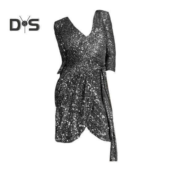 Women Evening Dress V Neck Long Sleeve Shiny Sequin Belted Tight Waist Irregular Hem Solid Color Soft Breathable Pullover Elastic Above Knee Length