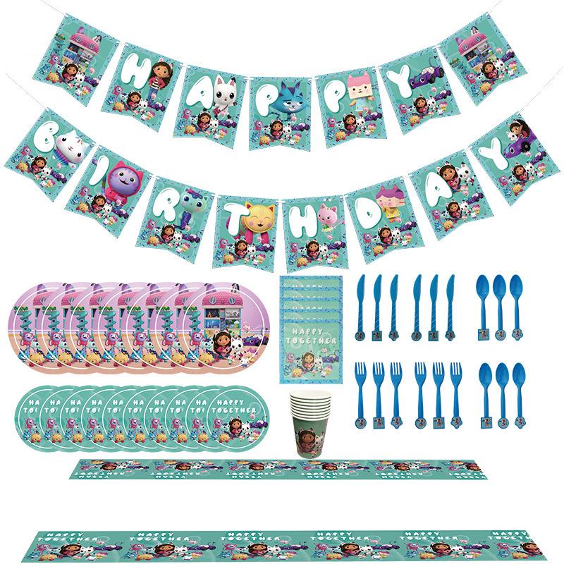 Gabby's Dollhouse Party Set: Plates, Napkins, Cups, Tablecloth, Banner & Balloons