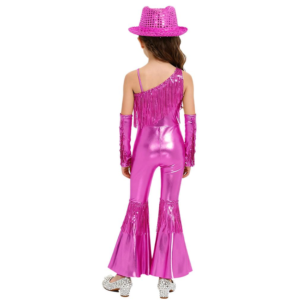Kids Girls Jazz Disco Dance Jumpsuit Sleeveless One Shoulder Sequins Tassels High Waist Flared with Gloves and Fedora Hat for Banquet Pageant Party
