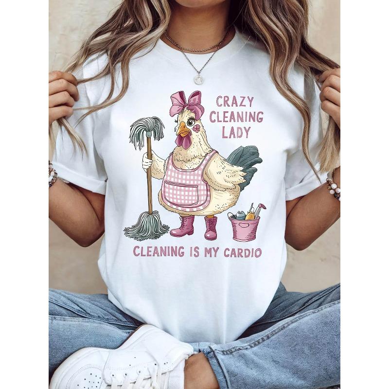 

European sizes CRAZY CLEANING LADY CLEANING IS MY CARDIO Crazy Cleaning Lady Cartoon Hen Pattern Printed Women S Spring And Autumn Short 4XL