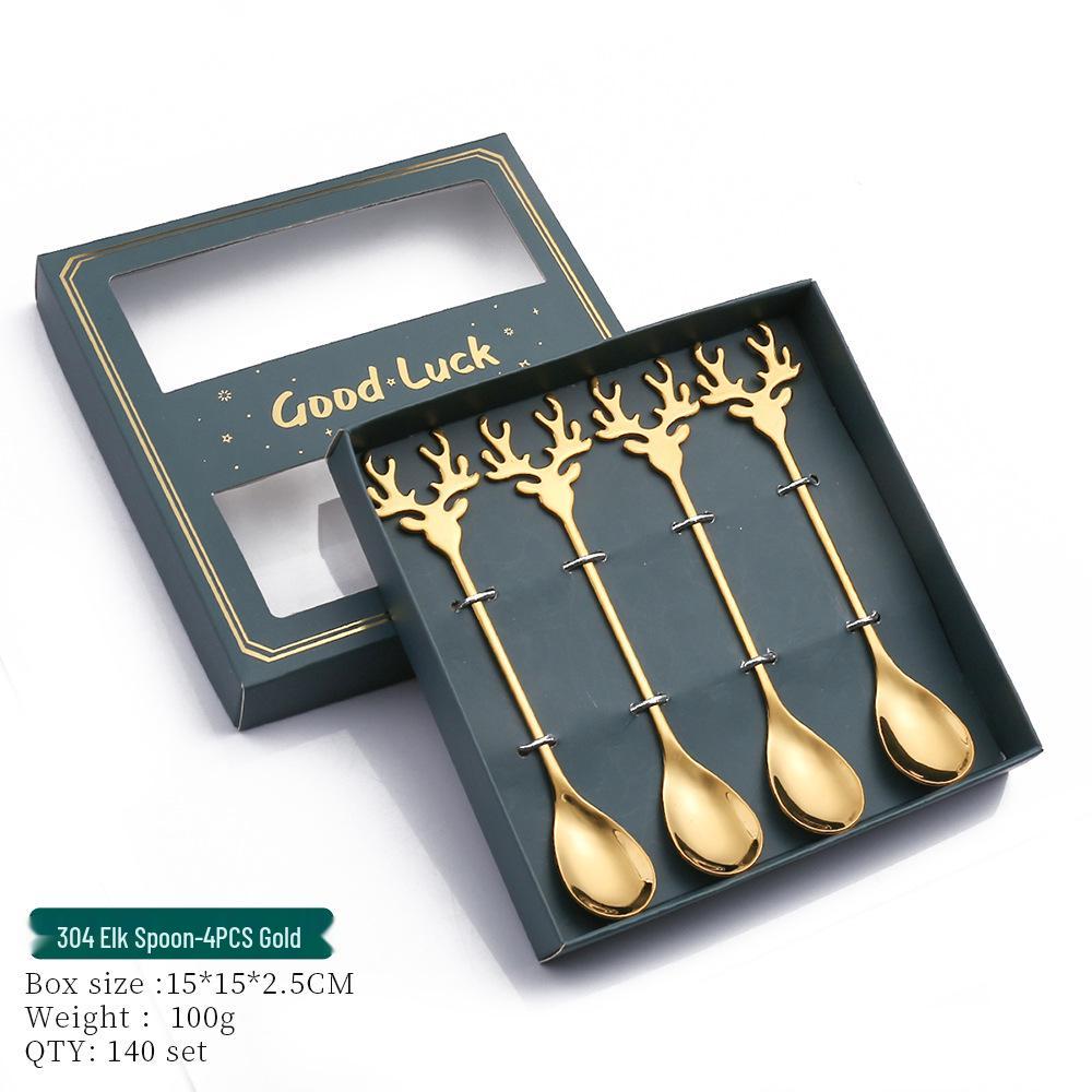 Reindeer-Themed 304 Stainless Steel Coffee and Dessert Mixing Spoon Gift Set In Cute Christmas Box