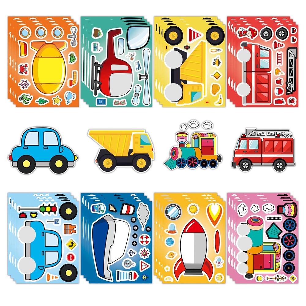 8/16Sheets Transportation Vehicles Puzzle Stickers Rocket Plane Make a Face Decals DIY Luggage Scrapbook Assemble Jigsaw Sticker