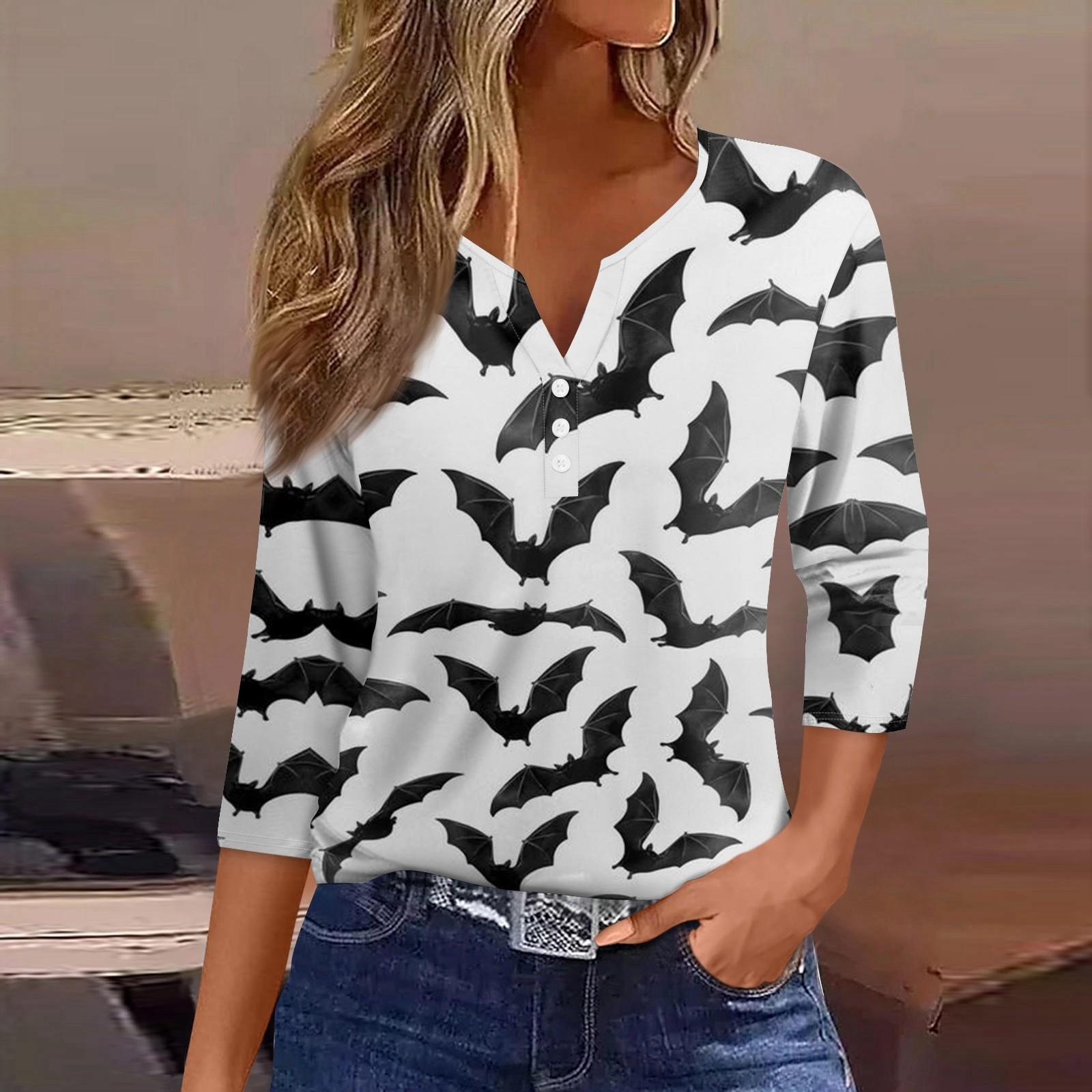 

Жен. Футболка Футболка Хэллоуин С принтом Пуговицы Рукав 3/4 Повседневные Выходные Мода Классический Классический V-образный вырез Обычный Топ XL белый