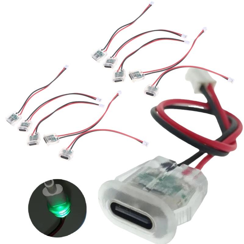5/10Pcs Waterproof USB-C Power Port Female Connectors Transparent 2Pin USB Type-C With LED Lights Input Type Charging Socket