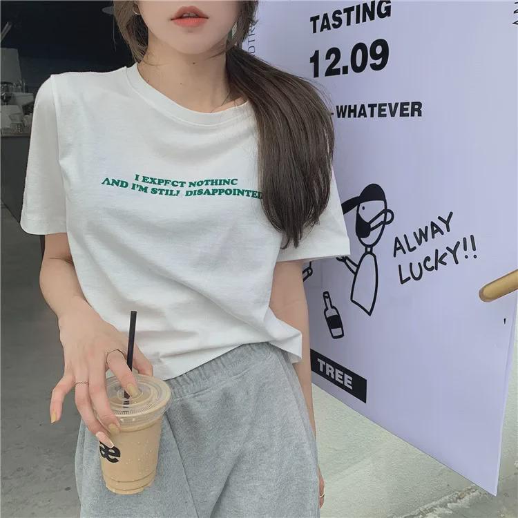 Koreanisches Locker sitzendes Kurzarm-Crop-Top mit Buchstabenaufdruck für Damen