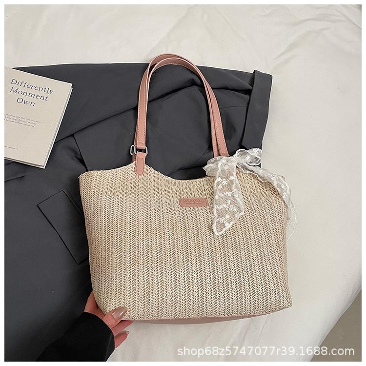 Foreign Silk Scarf Big Bag Women's 2025 New Summer Woven Straw Bag Seaside Beach Bag Large Capacity Shoulder Bag