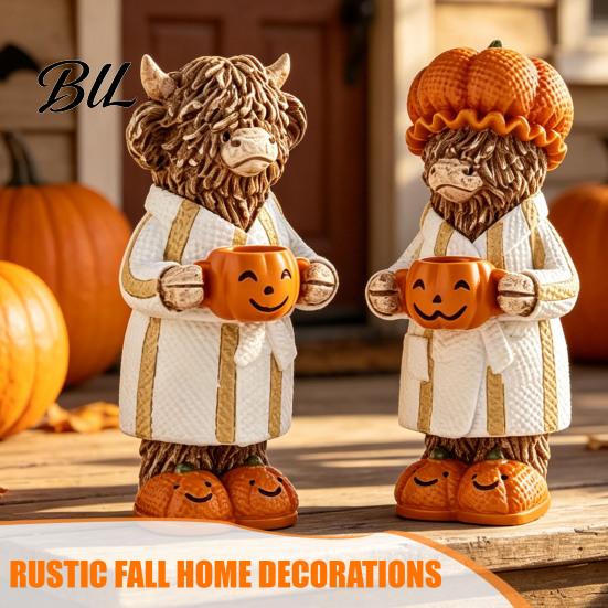 Decorative Highland Cattle Collectibles Halloween Cow Figurine, Resin Statue with Pumpkin Mug, Party Table Centerpieces Farmhouse Fall Tabletop Decor