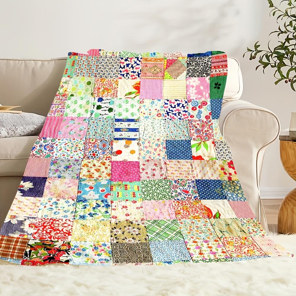 Vintage Floral Patchwork Flannel Blanket – Soft Warm Cozy Throw with Colorful Print – All Seasons Use for Home, Sofa or Bed