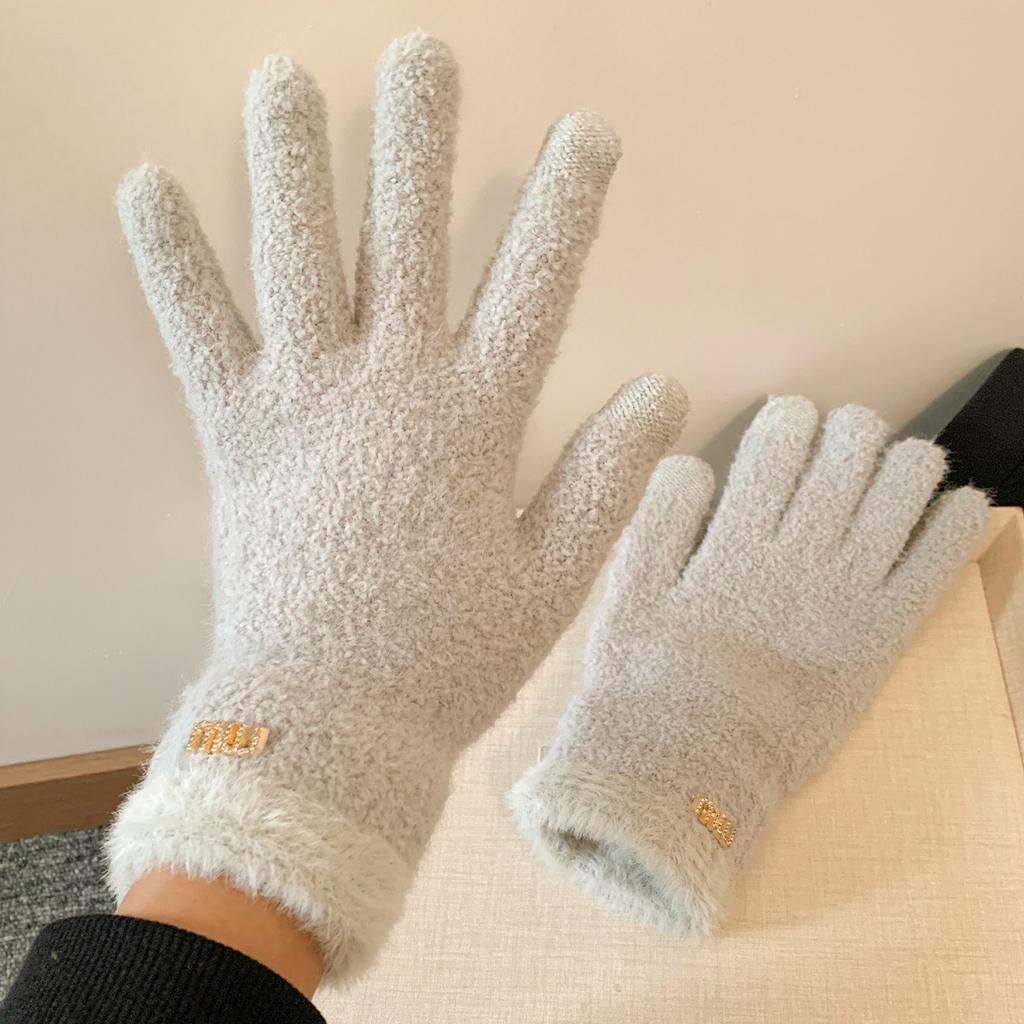 Simple solid color plush five-finger plush warm gloves women's winter versatile riding windproof and cold-proof can touch the screen students