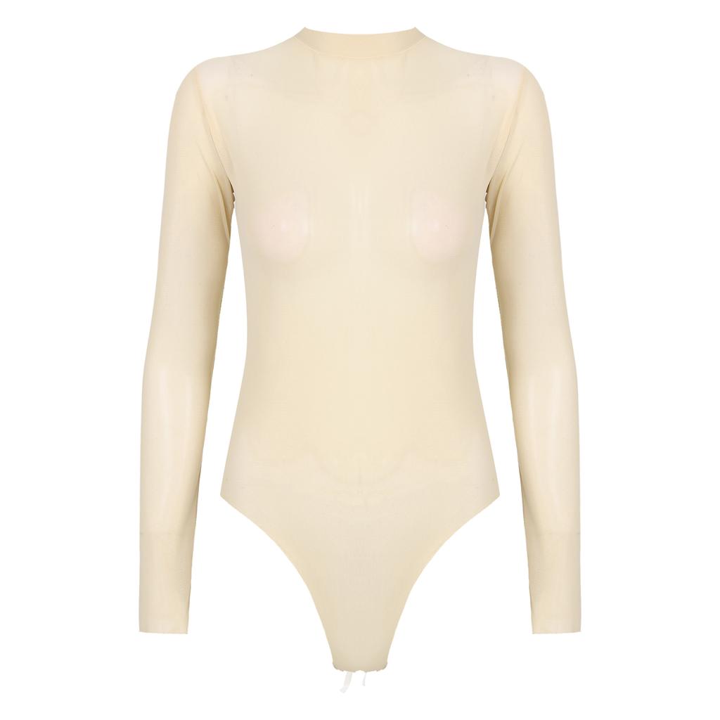 Body Manches Longues Femme Design Transparent Col Rond Maillot de Corps Haut Décolleté Vêtements de Nuit Lingerie