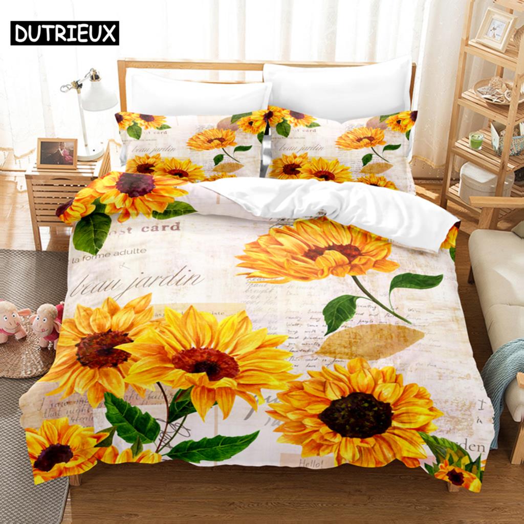 Floral Quilt Cover Queen Size Sunflower Duvet Cover 3D Bedding Set 3Pcs 2Pcs With Pillowcase King Full Twin Single Double Beds