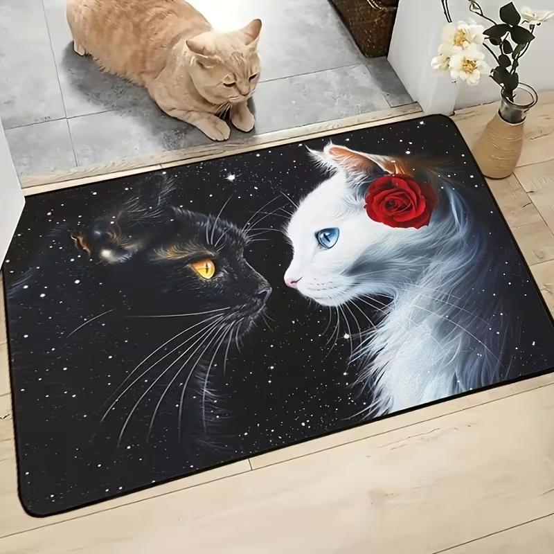 Black White Cats Doormat Romantic Starry Night Cat Red Rose Pattern Fantasy Home Decor Carpet Soft Non-Slip Welcome Mat