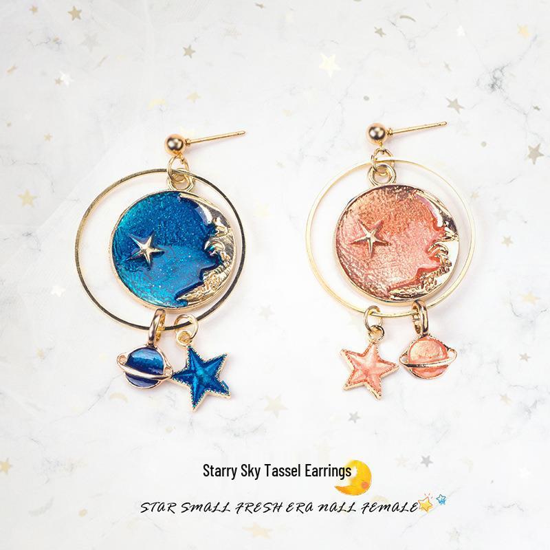 E1382 Boucles d'oreilles asymétriques style japonais et coréen: Ciel étoilé bleu, Lune, Design de planète