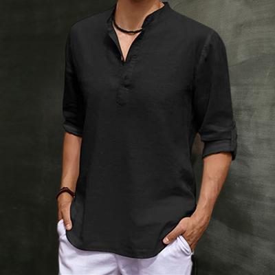 Solid Color Men Top Thin Faddish Beach Party Dating Flax Henley Shirt
