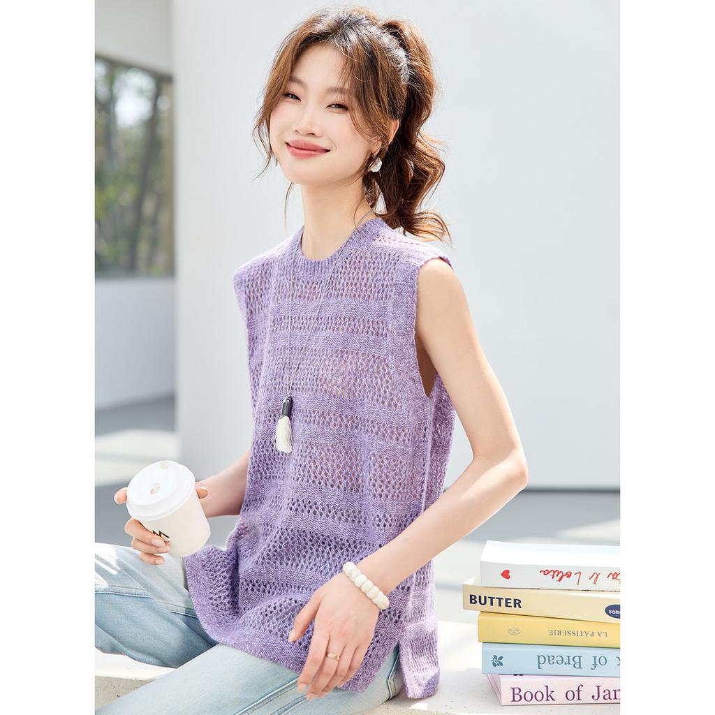 Fashionable 26 year summer outfit, layered on top, round neck, hollowed out knitted vest, knitted sweater, shoulder cut top, women's clothing