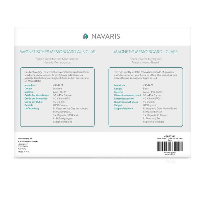 Navaris Tableau noir magnétique en verre - Tableau mural effaçable 60 x 40 cm avec 1x stylo feutre 5x aimant et kit de fixation -