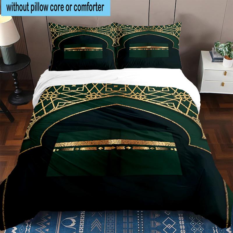 Golden Mosque Silhouette 3pcs Bedding,Including 1pc Duvet Cover And 2pcs Pillowcases Perfect for Christmas,Ideal for Bedroom, Dormitory