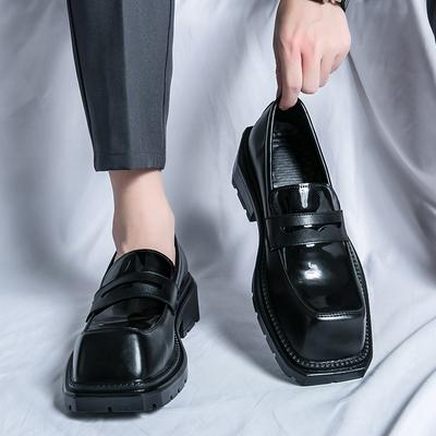 Men's Patent Leather Dress Shoes Banquet Casual Loafers Shoes Black Thick Square Head Social Shoes Slip-On Derby Shoes