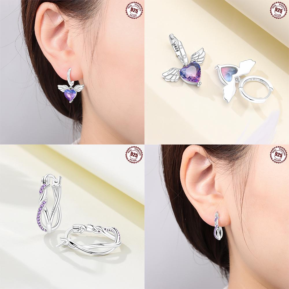 925 Silver Purple Series Heart Wing Earrings Women Pretty Bows Lucky Ear Hoops Valentine's Fine Gift Jewelry Accessory