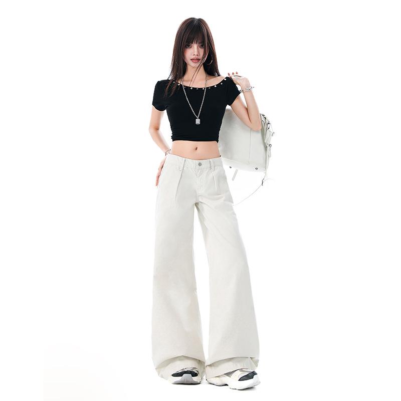 2026 Spring/Summer Women's Casual Washed Pleated Wide-Leg Low-Waist Slimming Jeans