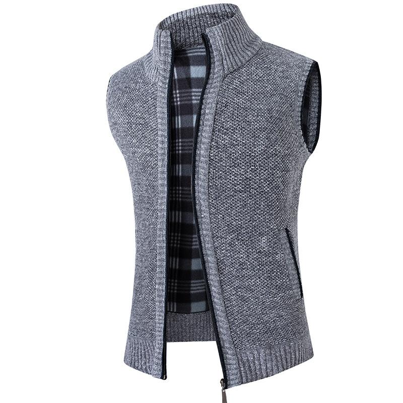 Man Winter Sweater Solid Color Vest Leisure and Comfortable Warm Zippered Stand Up Collar Sleeveless Vest