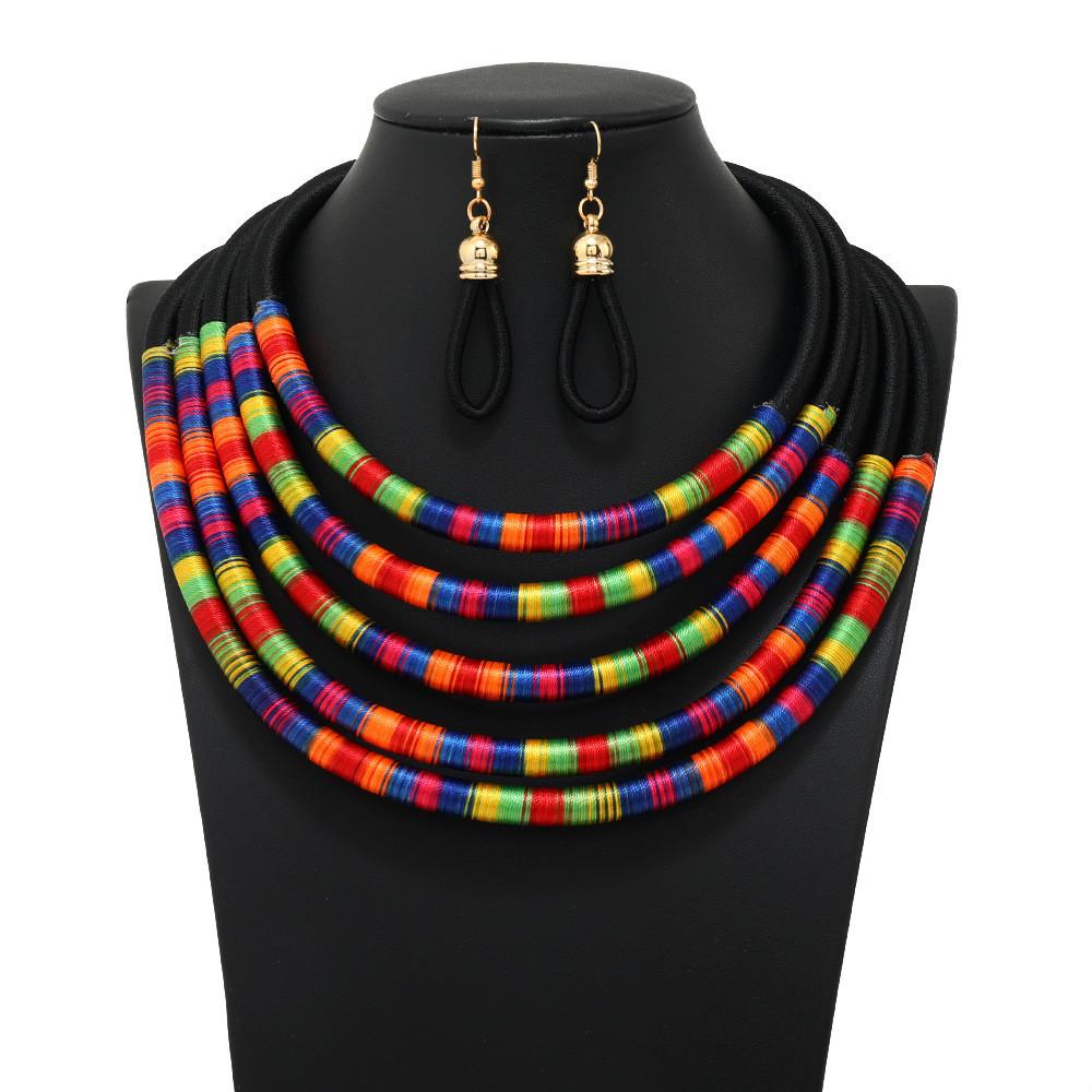 Multilayer Fashionable Women Beaded Chain Weaving Necklaces Ear Set Accessories