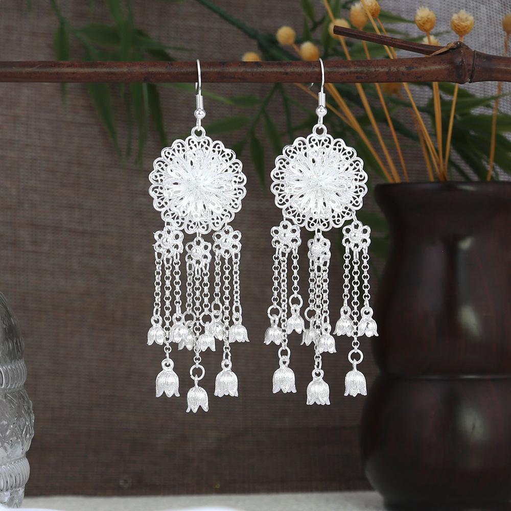 Miao Silver Tassel Earrings: Ethnic Style, Fashionable Exaggeration, Light Luxury Design
