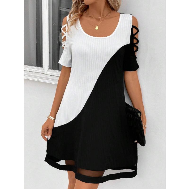 YYFS Women's Fashion Summer Spring Colour Block Print Short Sleeve U-Neck Loose Waistline Casual Dresses