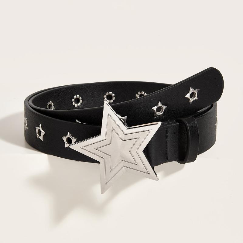 Trendy Punk Studded Star Multi-Hole Statement Leather Belt European American Style Versatile Buckle Belts Trendy Women's Belt