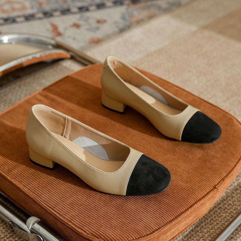 Leder quadratischer Kopf Farbabstimmung kleiner Duftstil niedriger mittlerer Absatz Blockabsatz Einzelne Schuhe Damen Koreanische Version Frühling und Herbst neu Frenc