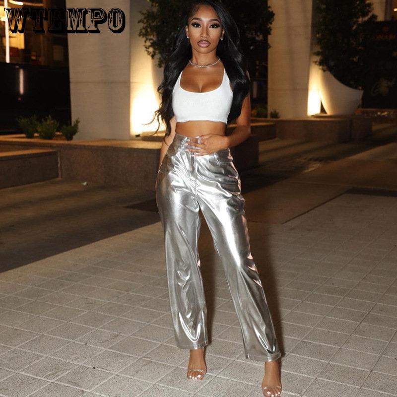 WTEMPO Pantalones Metálicos Rectos para Mujer Pantalones Brillantes de Cintura Elástica Ropa de Calle para Primavera Otoño Ropa de Club Disfraces