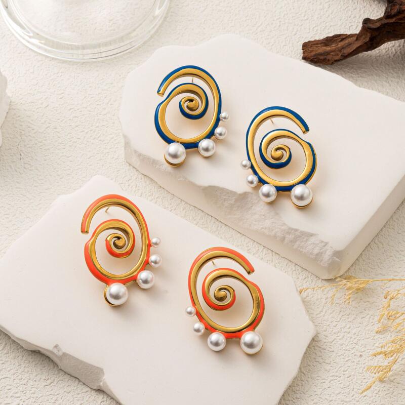 Stainless Steel Geometric Spiral Stud Earrings for Women Ladies Irregular Imitation Pearl Pendant Earrings Holiday Jewelry Gifts