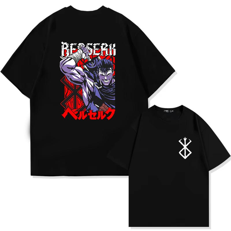 Japan Anime Berserk T-Shirt Guts Print Graphic Tee Men's 90s Summer Short Sleeve Casual Manga Dark Fantasy Black Swordsman Style