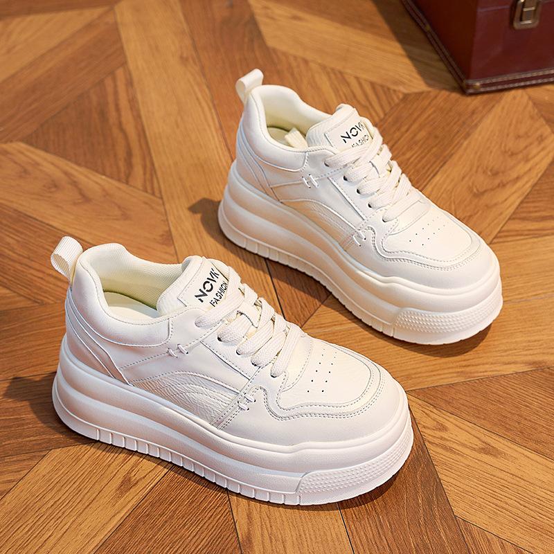 Fashion 6CM Genuine Leather Comfy Hidden Heel Block Flats Skate Board Platform Wedge Breathable Sneakers Vulcanized Chunky Shoes