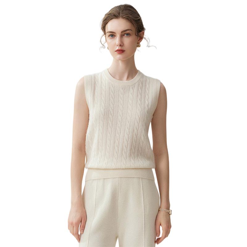 Lekasha Women's 100% Pure Cashmere Sleeveless Cable Knit Sweater for Autumn & Winter