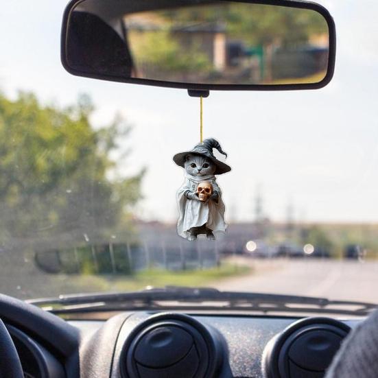 Halloween Cat Ornament Cute Cat with Witch Hat Pumpkin/Skull Hanging Decoration 2D Flat Acrylic Car Rearview Mirror Charm Christmas Tree Decoration