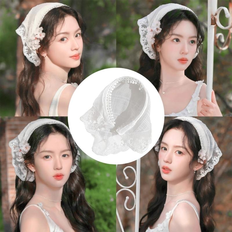 Comfortable Breathable Fabric Lace Bandana Headscarf for Women French Integrated Headwrap Pastoral Hair Decoration