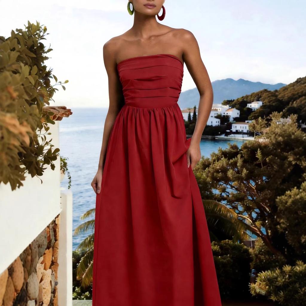 Summer New Tube Top Dress Solid Color High Waist Thin Holiday Dress, European and American Style Multi-color