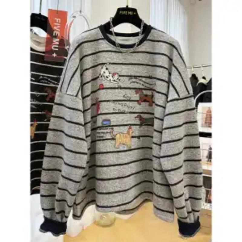 

Женский пуловер с круглым вырезом, из толстого бархата с принтом в полоску, осенне-зимний топ L светло-серый