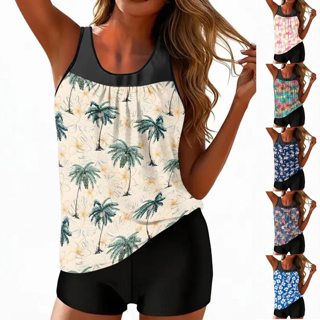 Women's Two Piece Tankini Swimsuit Hawaiian Floral Print Sleeveless Sporty Swim Top with Shorts Beachwear