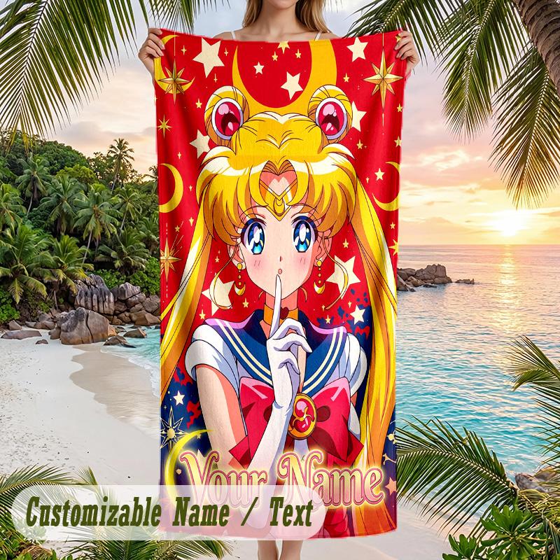 Sailor Moon Beach Towel, Personalized Custom Name Text, Quick Dry Large Absorbent Towel For Beach Pool