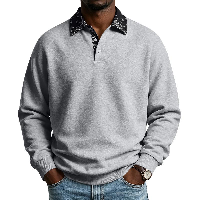 Mens Paisley Pattern Fleece Long Sleeve Polo Shirt American High Street Style