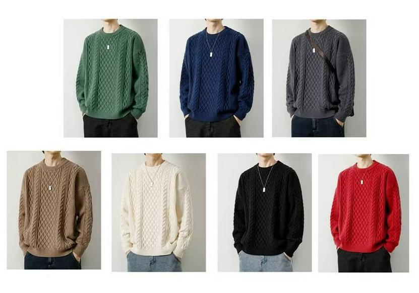 Men's Retro Cable Knit Sweater - Round Neck, Loose Fit, Trendy Autumn/Winter Woolen Knitwear for Teens
