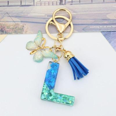 A-Z Sequins Initial Letter Keychain Blue Butterfly Tassel Resin Car Keyring Women Girl Backpack Charms Accessories  Year Gift