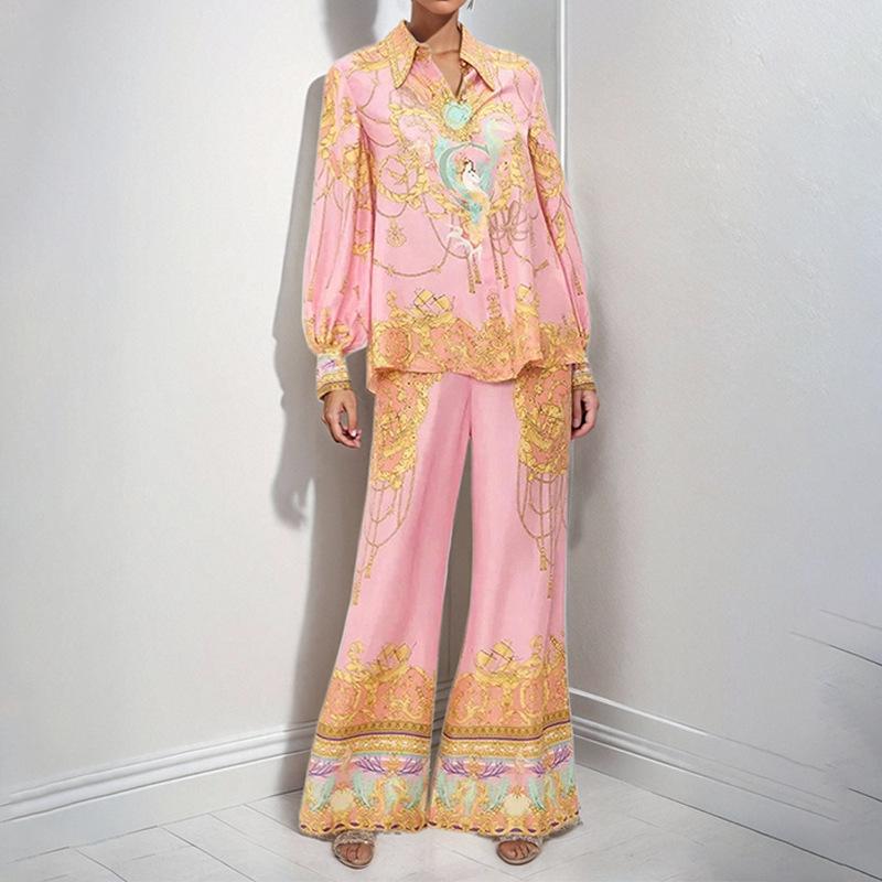 2026 Spring Women s Pink Floral Shirt and Pants Casual Fashion Set Small
