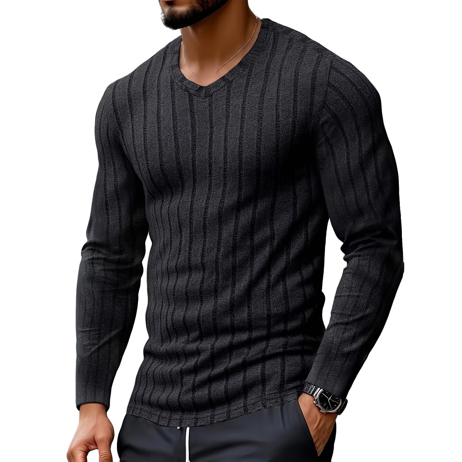 Men s Color V-neck Slim Fit Long Sleeved Casual Outdoor Sports Top XL чёрный