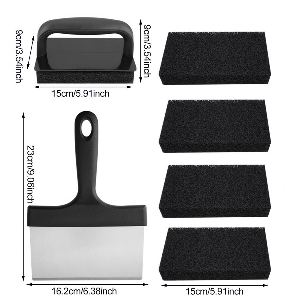 1 Zestaw Skrobaków do Grilla Wytrzymały Stal Nierdzewna Skrobak do Jedzenia Ze Gąbkami Skrobak do Płyty Grzewczej Zapobiegający Oparzeniom i Szczotka do Płyty Grzewczej