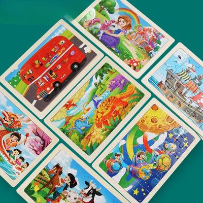 Drewniane puzzle z 24 elementami, puzzle dla dzieci ze zwierzętami, kreskówkowe samoloty, edukacyjne zabawki drewniane do wczesnej edukacji
