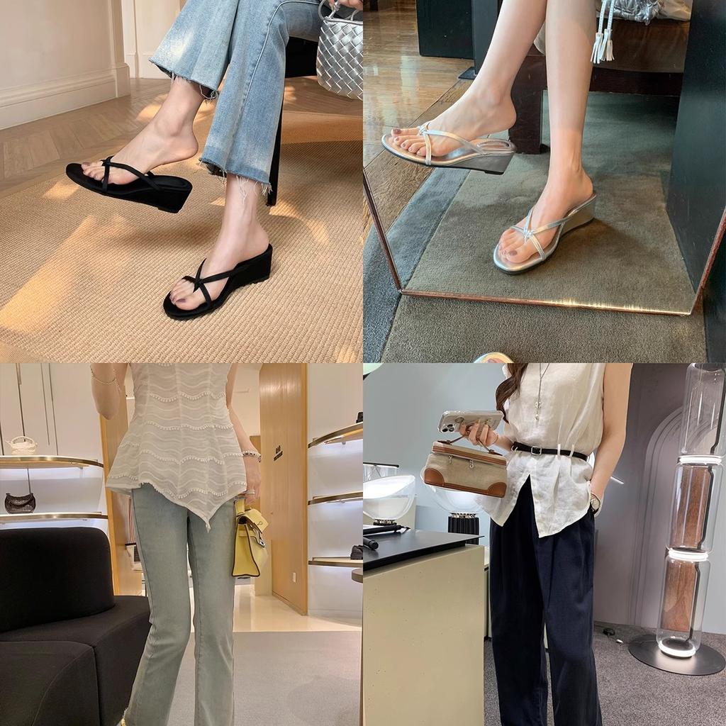 Grape Mother Studiolee Heel Height 6cm~ French Toe Fairy Wind Outside Wearing Thin Band Slope Heel Cool Slippers Summer